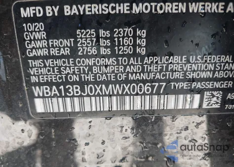 2021 BMW 530I xDrive z USA, uszkodzony, nr VIN WBA13BJ0XMWX00677